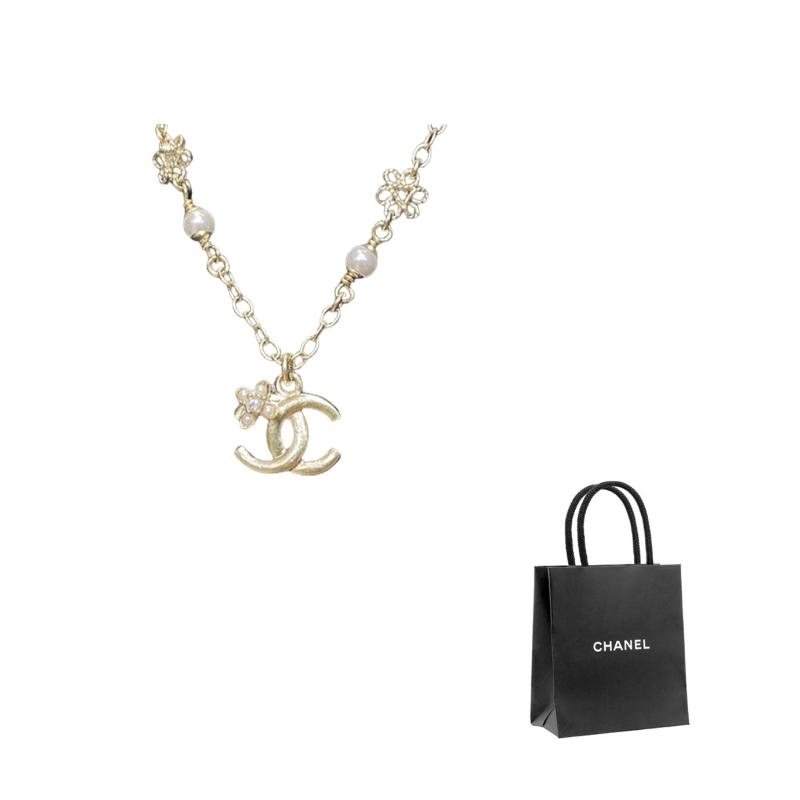 

CHANEL 23k 23K light gold flower chain metal artificial resin rhinestone necklace women s gold золотий