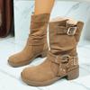 Fashion Khaki Faux Suede Boots for Women Autumn Winter Street Style Buckle Strap Decoration Ankle Boots Woman Rivet Platform Botas Lady