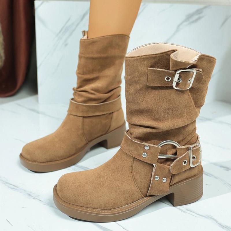 Fashion Khaki Faux Suede Boots for Women Autumn Winter Street Style Buckle Strap Decoration Ankle Boots Woman Rivet Platform Botas Lady
