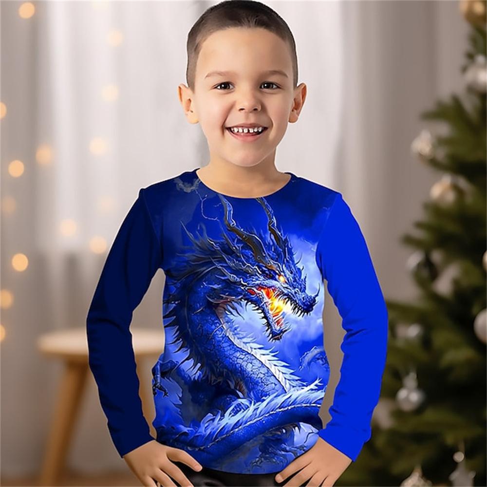 Spring and Autumn Round Neck Dragon Pattern 3D Printed Top Fashionable Casual Long Sleeved Children's Boy T-shirts