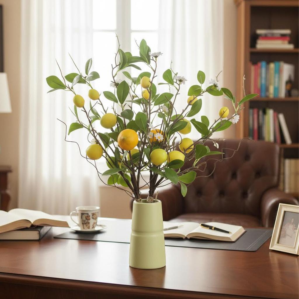 Plastic Lemon and Silk Daisy Arrangement with Iron Stem for Stable Upright Display in Vase or As Standing Decor Element