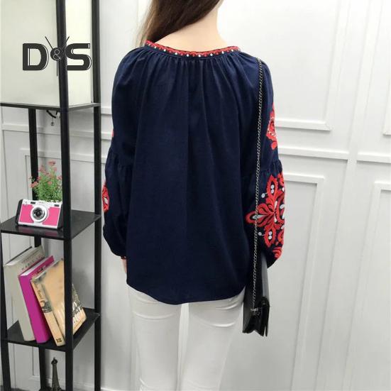 Summer Shirt Women Ethnic Style Embroidered Pattern Pullover Tops Round Neck Lantern Sleeve Loose Fit Blouse