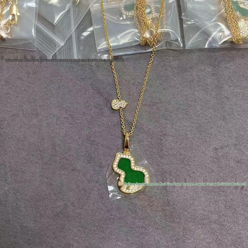 Elegant Women's 18K Rose Gold Gourd Necklace with Red Agate, Natural Jade, and Diamond Pendant.