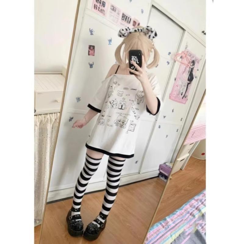 2KWEIRD Y2K Summer Top Off Shoulder Cartoon Print Short Sleeve Loose Versatile Japanese Style for Women