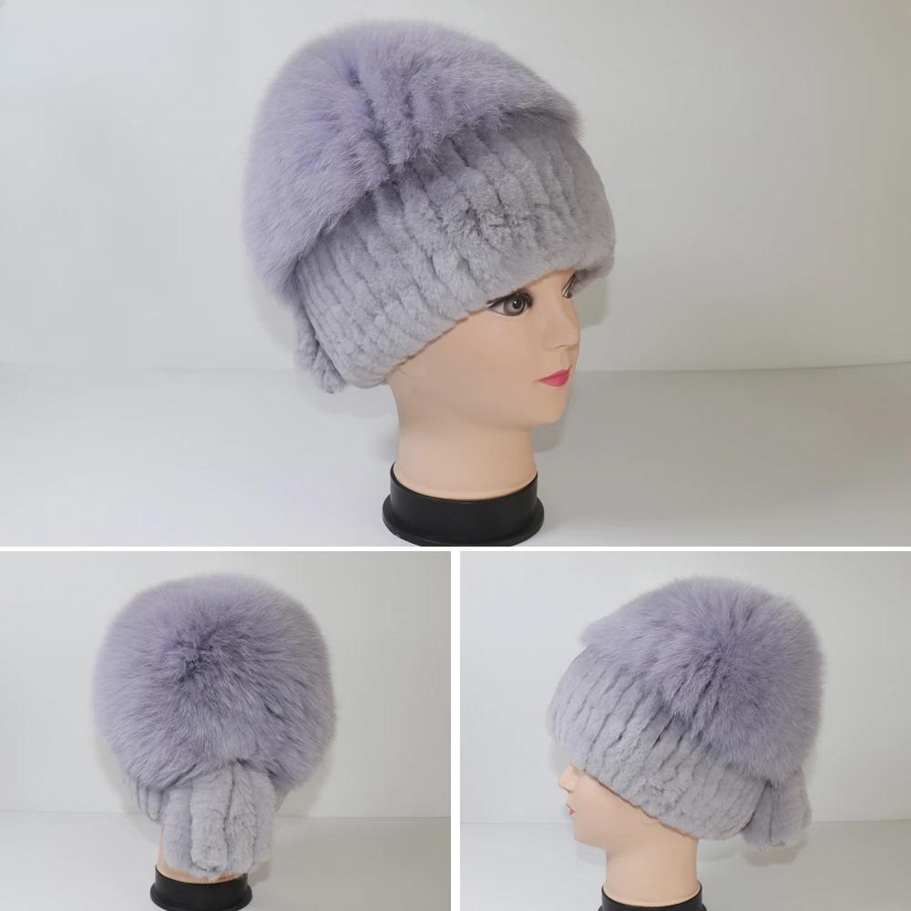 Winter Knitted Real Fox Fur Hat With Tail Women Warm Soft Real Rex Rabbit Fur Hats Natural Luxury Quality Genuine Fur Caps
