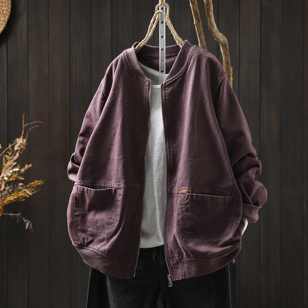Women Vintage Cotton Jackets Solid Color Stand Long Sleeve Coats Autumn Zipper Loose Casual Pockets Jackets