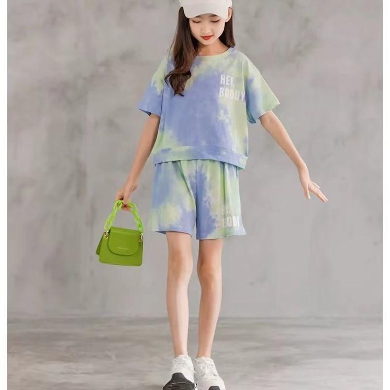 Costume pentru fete cu vopsea cravată Versiune coreeană de vară Copii mari Fetițe mici Fuste cu mâneci scurte Pantaloni scurți Trend în două piese