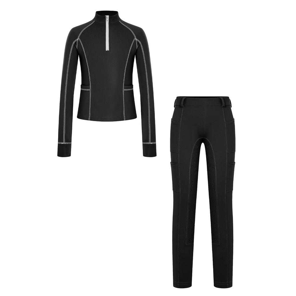 Tenue d'équitation pour filles Ensemble à col montant, manches longues avec trous pour les pouces, pull à fermeture éclair avec pantalon d'équitation à grip intégral antidérapant pour l'entraînement