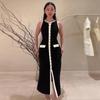 Elegant Knitted Long Dress Women Slim O-neck Single Breasted Sleeveless Contrast Dresses Early Autumn Office Lady Robes