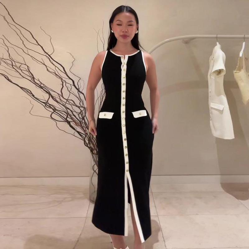 Elegant Knitted Long Dress Women Slim O-neck Single Breasted Sleeveless Contrast Dresses Early Autumn Office Lady Robes