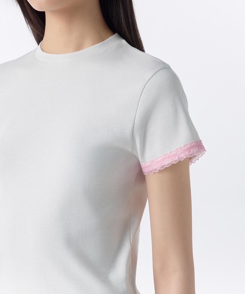 MUSINSA STANDARD WOMAN Women'S Slim Lace Trim T-Shirt [White/Pink]