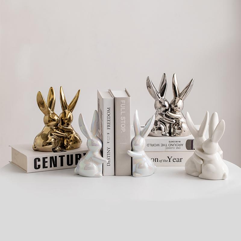 Creative Ceramic Figurines Chinese Minimalist Rabbit Sculpture Bookshelf Desktop Book Stand Decoration Ornament Home Decoration