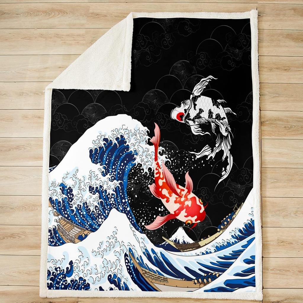 Japanische Ukiyoe Fisch Sherpa Decke Ozean Surfen Koi Kleinkind Fleece Überwurfdecke Kinder Jungen Erwachsene Japanischer Stil Exotischer Koi