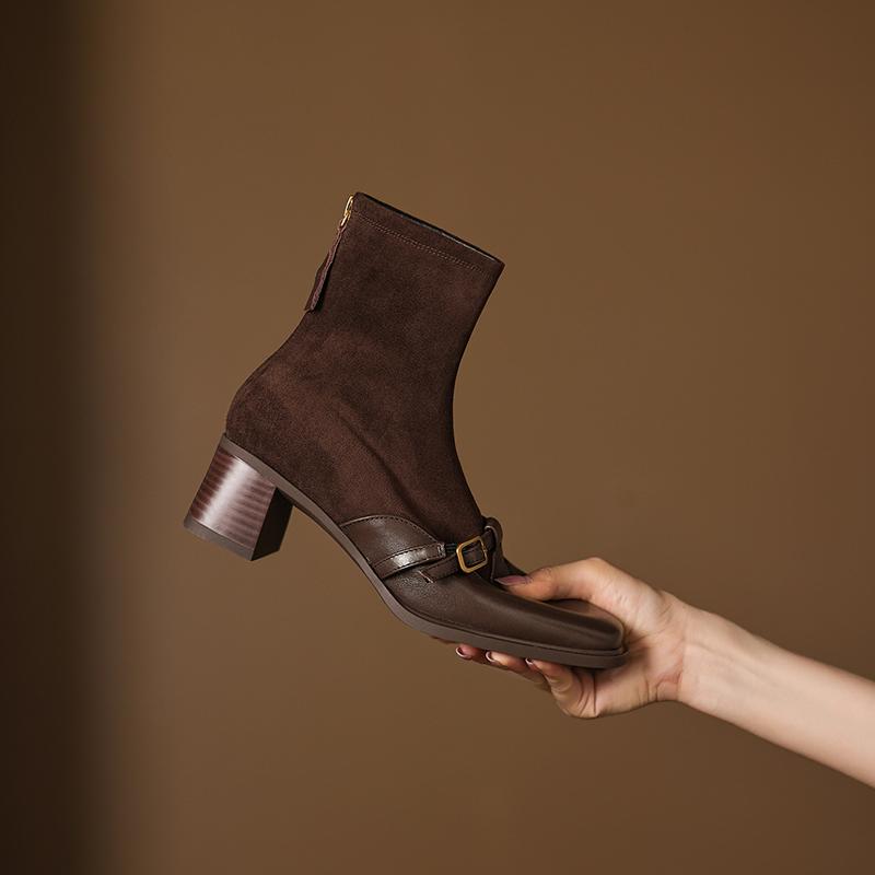 Fashion 2025 NEW Autumn Women Boots genuine leather Women Shoes Square Toe Chunky Heel Slip-on Belt Buckle Western Boots Daily Shoes