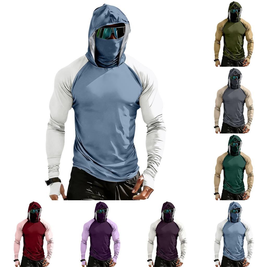 Maglia da Uomo a Maniche Lunghe con Cappuccio, Prestazioni Elevate, Mascherina Integrata e Maniche Raglan per Attività all'Aperto, Abbigliamento Sportivo