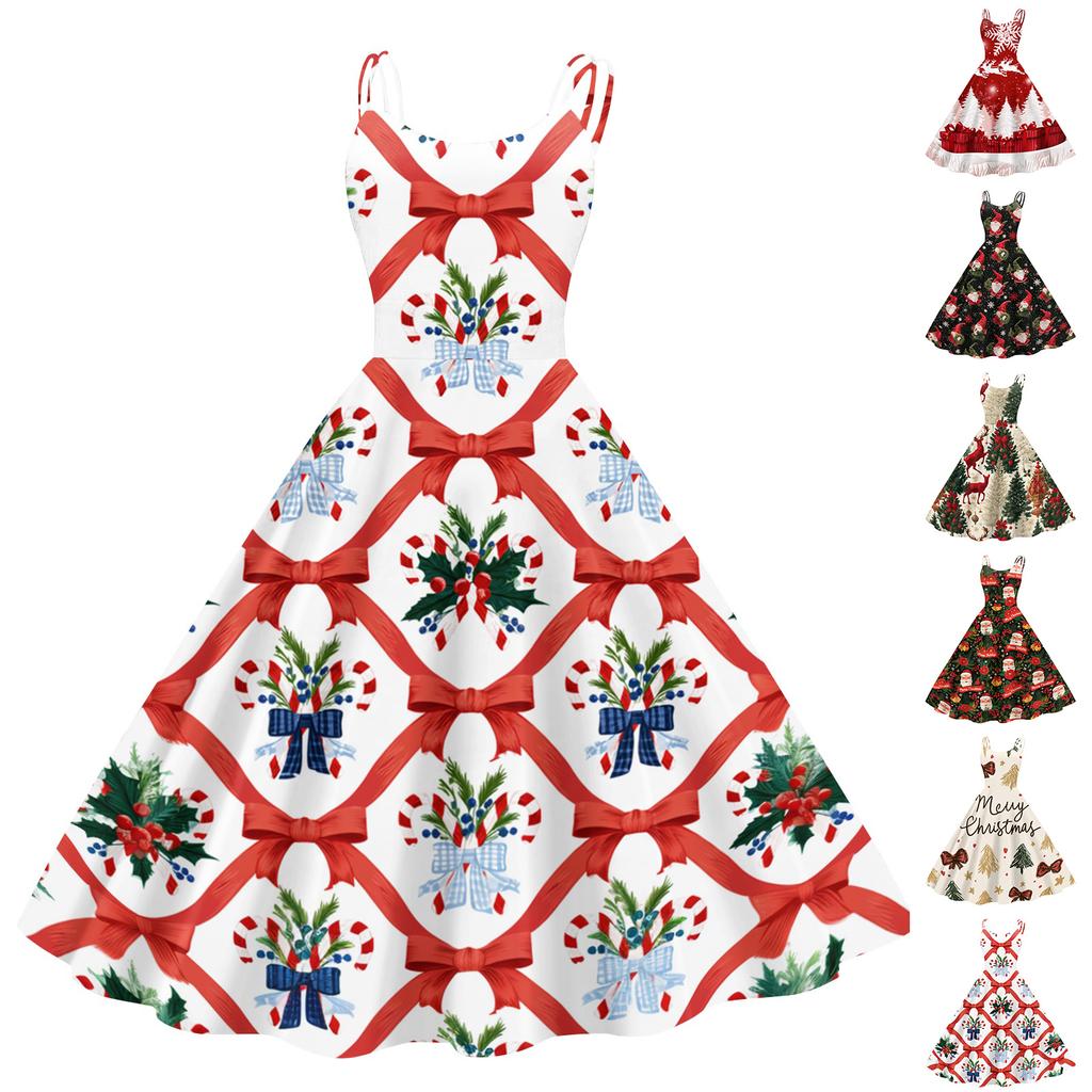 Women's Christmas Print Off-the-Shoulder Vintage Dress for Holiday Party and Clubwear