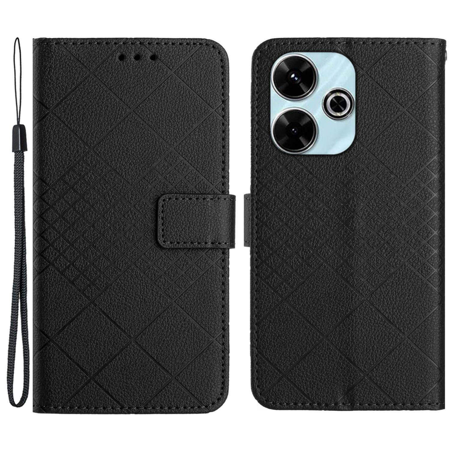 

HT06 For Xiaomi Redmi 13 5G/13 4G Case Litchi Texture Leather Wallet Phone Cover with Strap Black