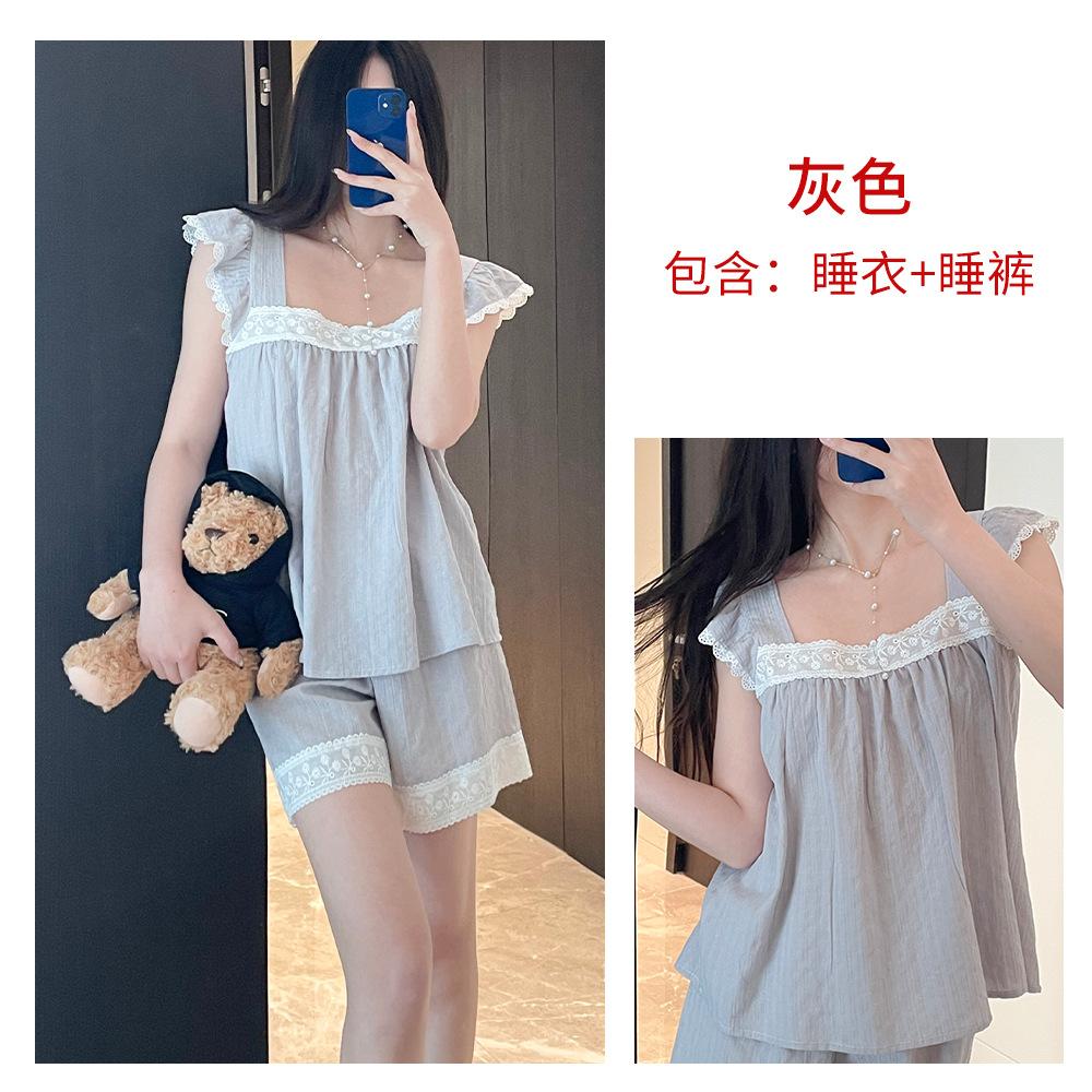 Lazy Skin-friendly Cotton Suspender Shorts Set College Style Cute Ladies Loungewear Spring Summer Pajamas Women