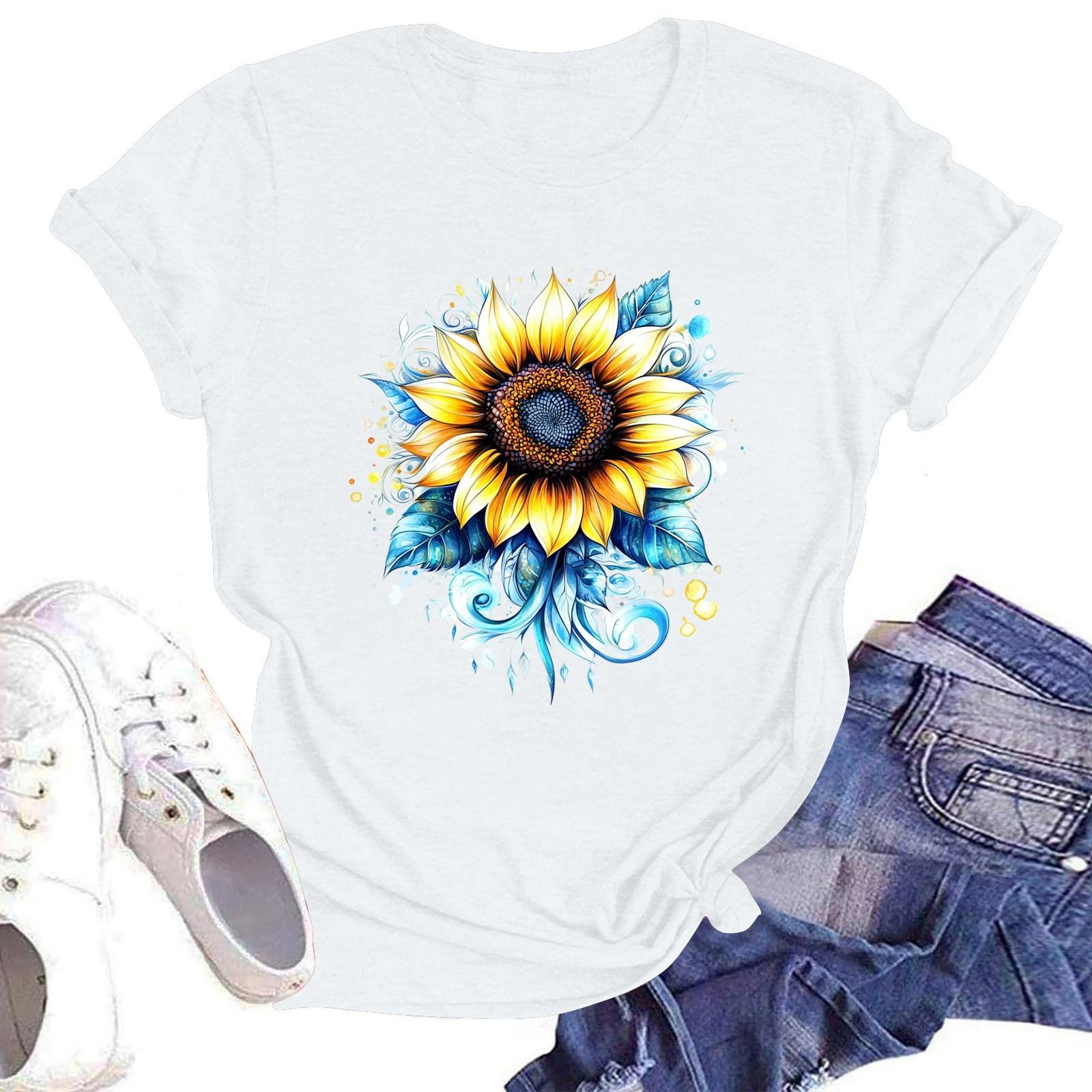 

Женская футболка с коротким рукавом и круглым вырезом, повседневный цветочный принт L белый