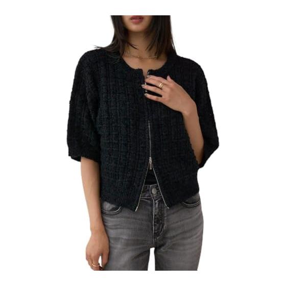 [AZUL by moussy] W zip 3/4 sleeve tweed knit women s 250IAB70-2761