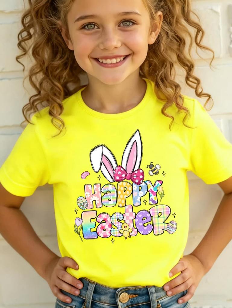 2026 Happy Easter T-Shirt for Girls Bunny Cute Rabbit Ear Letter Graphic Summer Tee Boys Girls Short Sleeve Children's Clothing