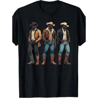 Europäische Größen [Langlebig] Schwarzes Herren-T-Shirt Mit Westlichem Cowboy-Print - Weich Und Bequem, Ideal Für Freizeitkleidung, Western-T-Shirts
