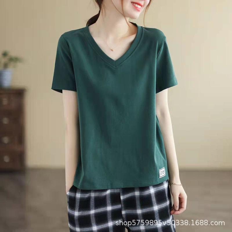 Silk Cotton White Short Sleeved Shoulder T-shirt for Women's Spring/summer V-round Neck Basic Top