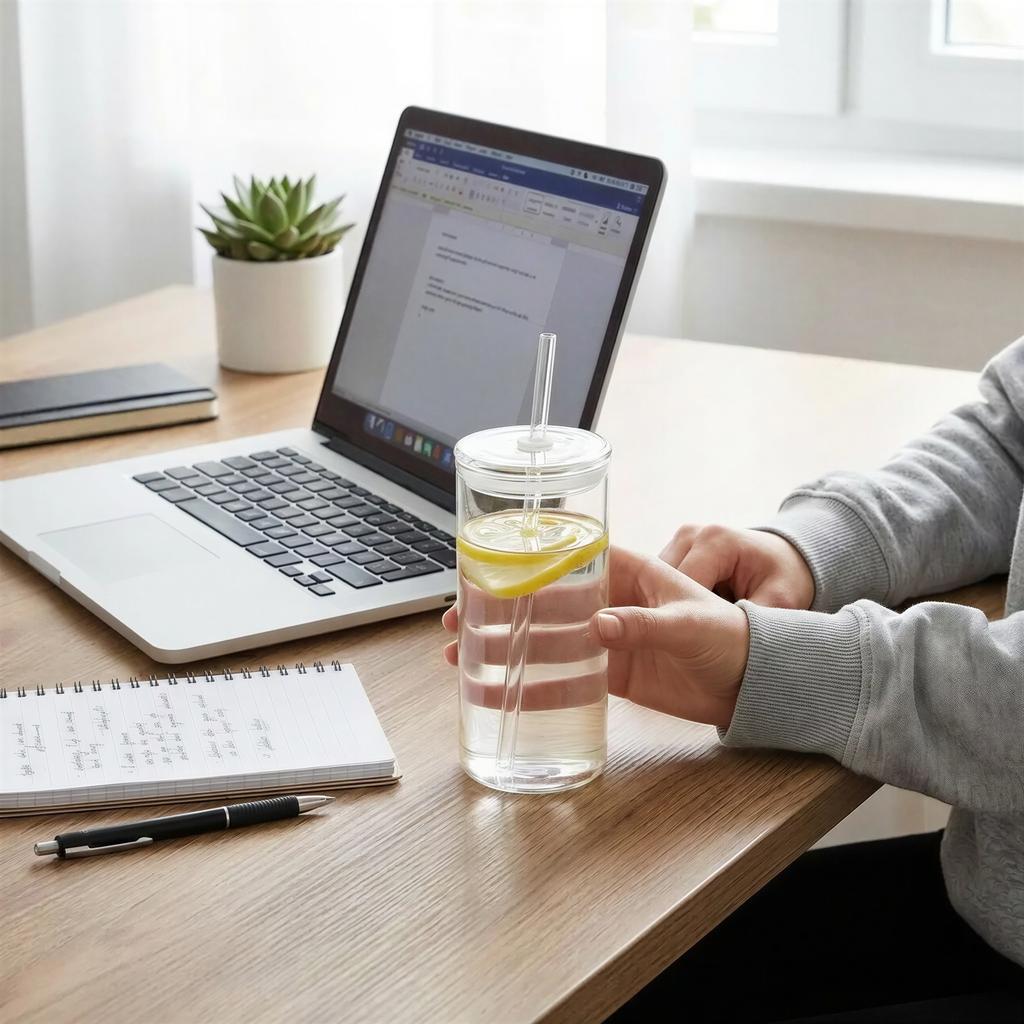 MUG GLASS BOTTLE WITH STRAW 600ml TRANSPARENT GLASS LID