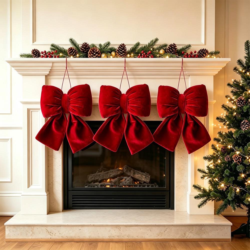 Velvet Fabric Hanging Xmas Ornament Bowknot Shape Christmas Tree Decorations Merry Christmas