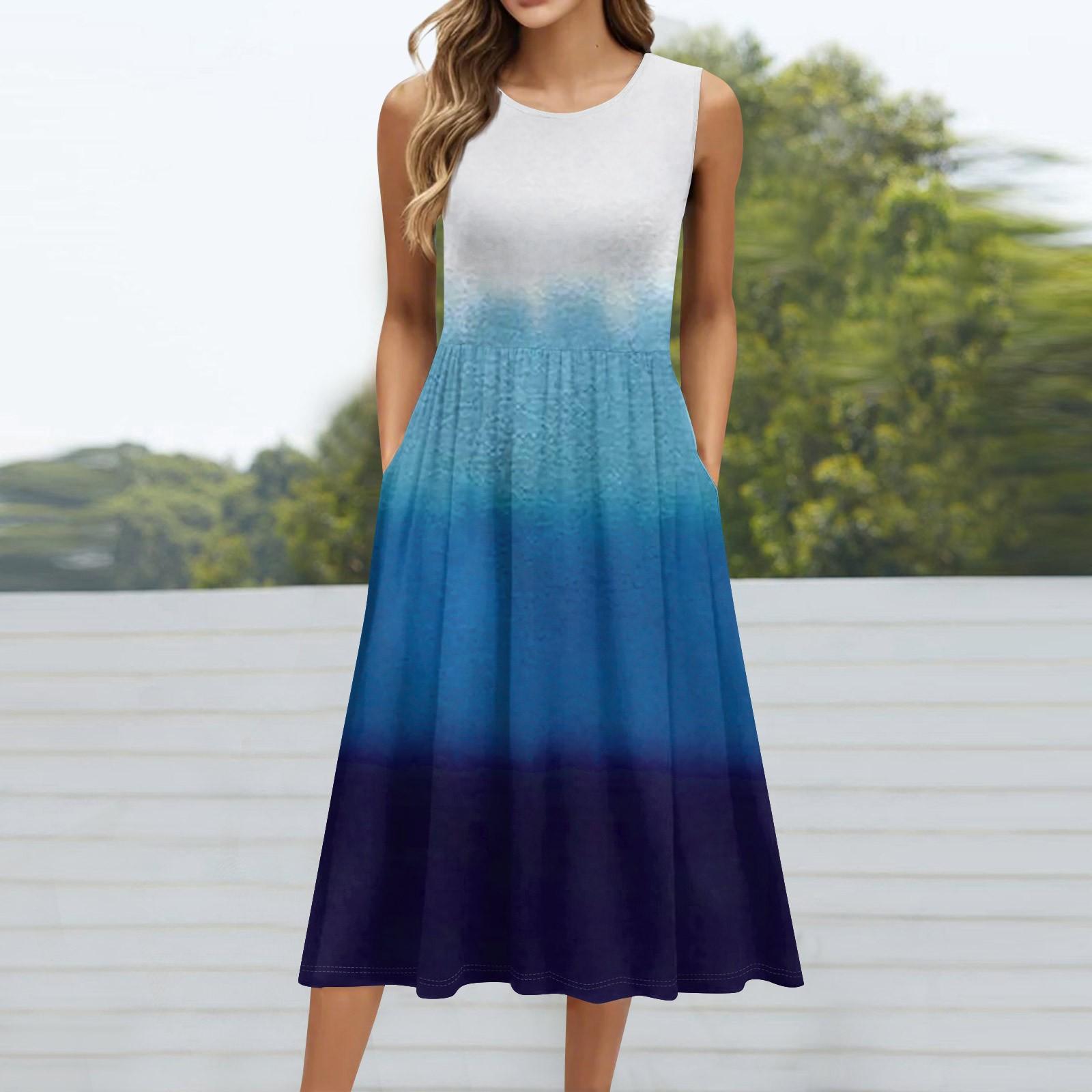 

Женское модное платье средней длины с круглым вырезом и принтом без рукавов XXL синий