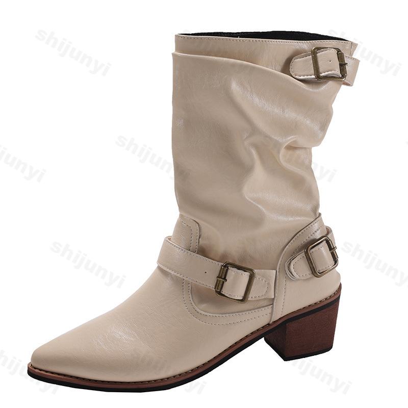 Mode Herbst Damen Schuhe Mid Calf Stiefel Modisches Neues Muster Vintage Spitz Zehen Dicke Absätze Weiches Leder Hoher Absatz Bequeme Botas