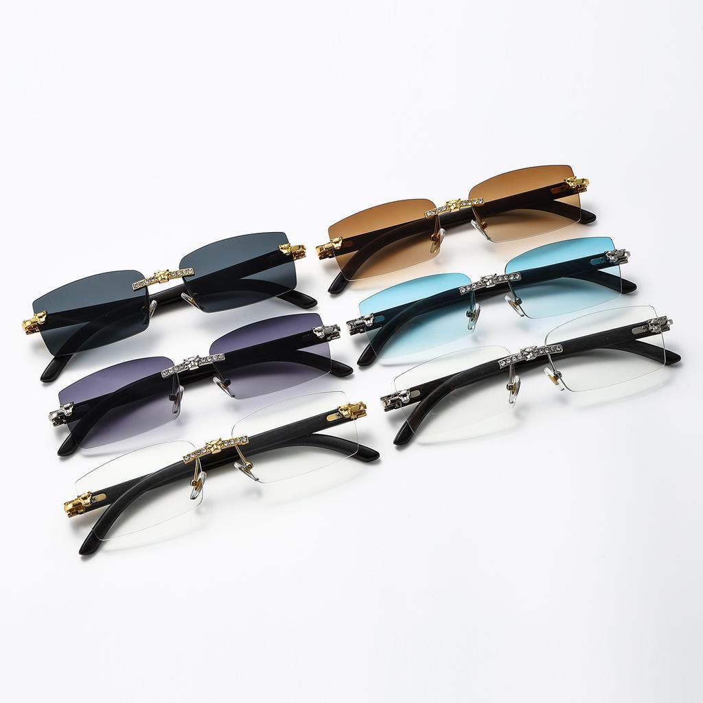 New Rimless Leopard Head Sunglasses Metal Hinged Sunglasses Wood Grain Legs Outdoor Sunscreen Sunglasses