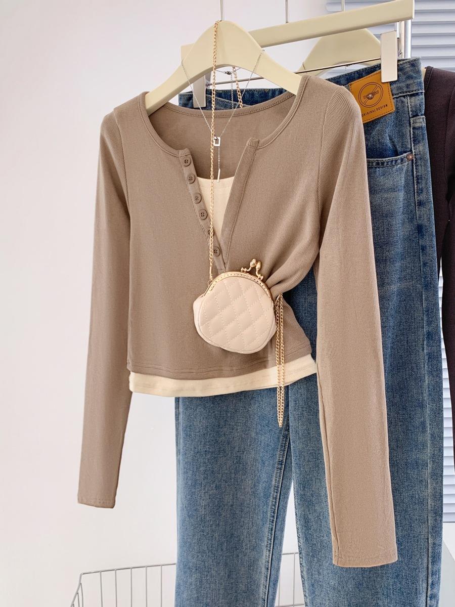 

Fake two-piece button-up top women s spring retro contrasting color splicing long-sleeved T-shirt bottoming shirt XL хакі