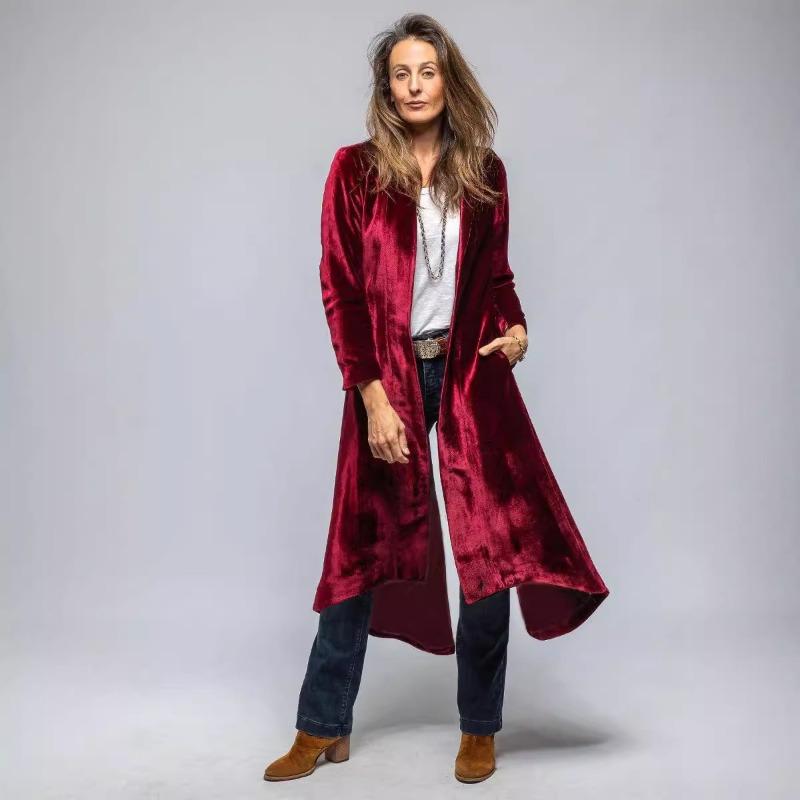 Sieviešu elegants zamšādas jostas garais mētelis