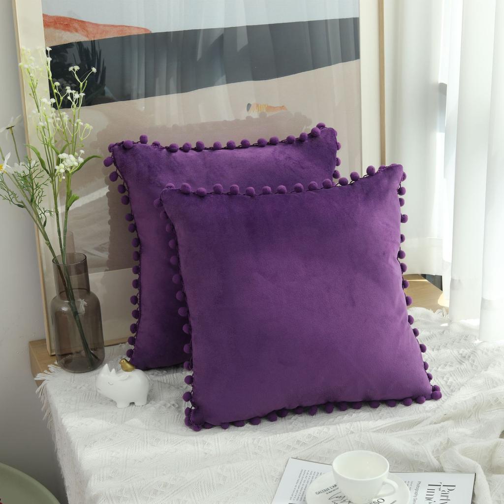 LMETJMA 1 Piece Burgundy Throw Pillow Covers with Pom Pom Velvet Euro Plush Cushion Covers for Sofa Couch Bedroom JT417