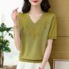T-shirt Women Versatile Summer Casual Large Size Loose V Neck Knitted Pullover Short-sleeved Tops