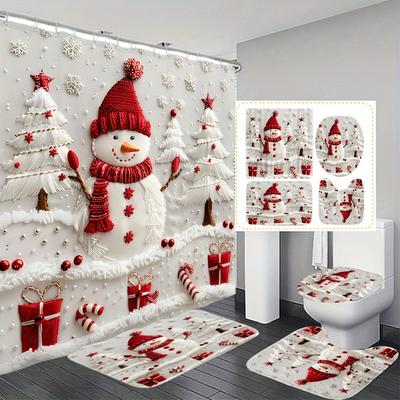 4pcs Christmas Snowman Waterproof Shower Curtain With 12 Hooks Non-Slip Bathroom Rug Toilet U-Shape Mat Toilet Lid Cover Pad