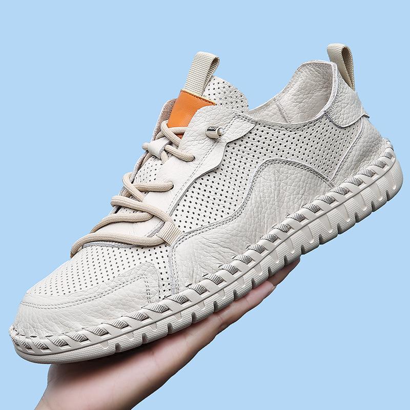 [First Layer Cowhide] Men's Handmade Shoes, Thin Soft-soled Casual Shoes, Personalized Summer New Breathable Trendy Versatile Shoes