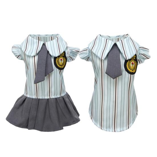Pet Preppy Dress Shirt Summer Puppy Fly Sleeves Embroidered Badge Tie Striped Dress Top Breathable Pet Costume Outfit Apparel for Small Dogs Cats