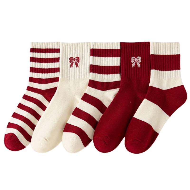 Autumn and Winter Socks for Women, Encore Red Bow Mid-calf Socks, Striped Versatile Cotton Women's Socks, Zhuji Socks