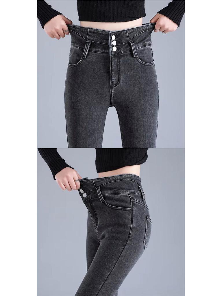 Jeans de Invierno de Felpa y Denim de Cintura Alta para Mujer - Pantalones de Nieve Ajustados, Gruesos y Cálidos para Estudiantes