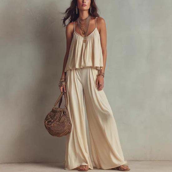 Summer 2 Piece Sets for Women, Spaghetti Strap Tank Top And Wide Leg Pants Lounge Set, Beach Vacation Travel Outfits