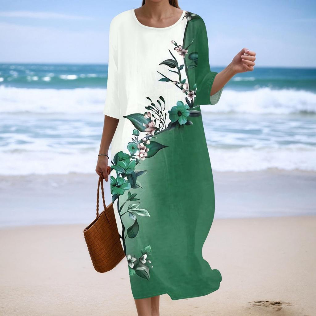 Damen Modisches Bedrucktes Rundhals Siebenviertelärmel Lockeres Kleid