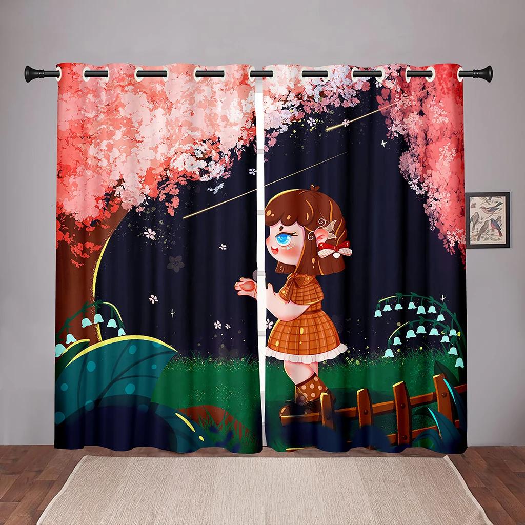 Cartoon Flower Floral Maid Girl Blackout Window Curtains for Bedroom Living Room Bathroom Kicthen Door Hall High Shading New