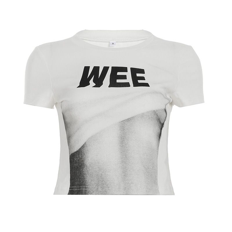 

Rockmore [American Sexy] Letter Firm Abs Print Contrast Color Crop Top T-shirt round Neck Silm Short Top White S