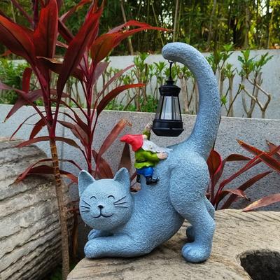 Resin Cat Elf Solar Ornament Creative Cute Animal Statue Light Waterproof Vivid Garden Figurines Sculptures Lamp Birthday
