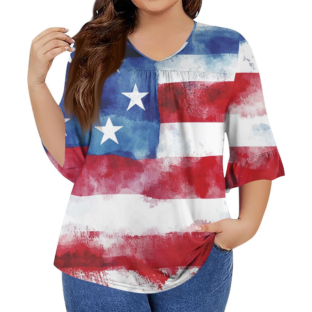 Women's Fashion Casual V-Neck Seven Sleeve Ruffle Sleeve Independence Day Printed T-Shirt Tops Plus Size Women's