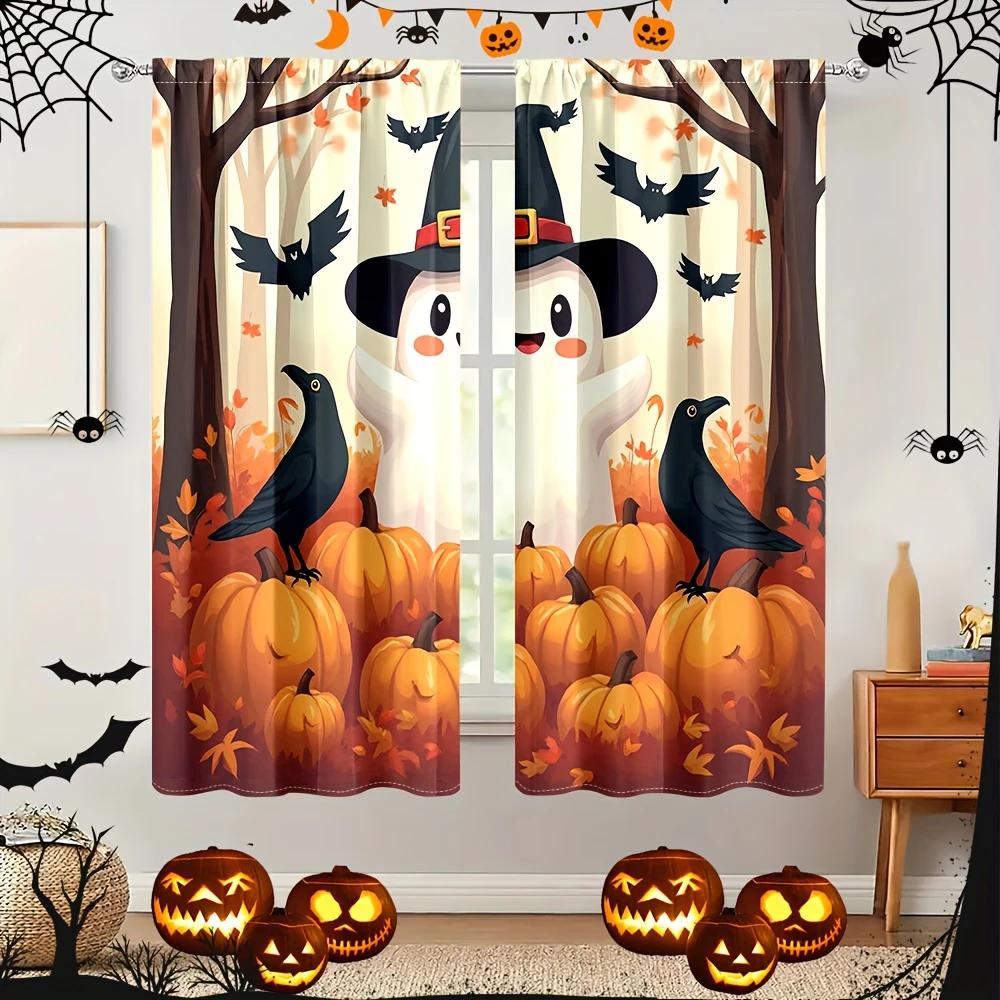 Set Of 2 Halloween Cartoon Ghost Pumpkin Print Curtains Pole Bag Home Decorations Room Made Polyester