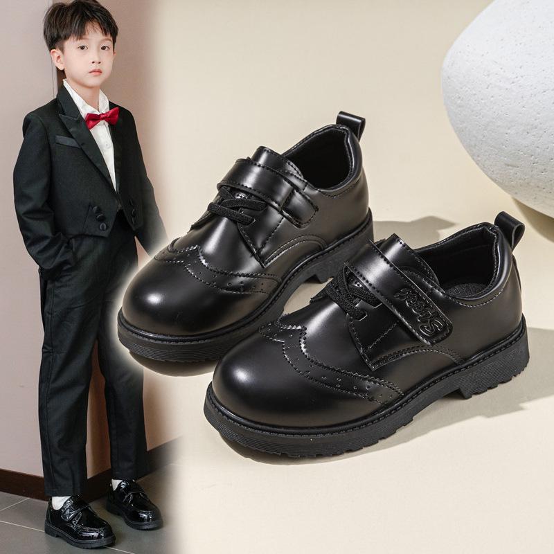 Boys' Black Leather Shoes Soft Sole, Korean-Style, for Spring/Autumn 2025 School Performance.