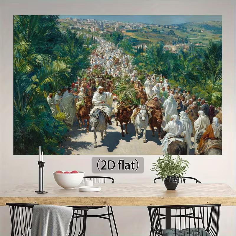 2D Triumphal Entry Backdrop, Palm Sunday Procession Scene Background for Christian Home Decor